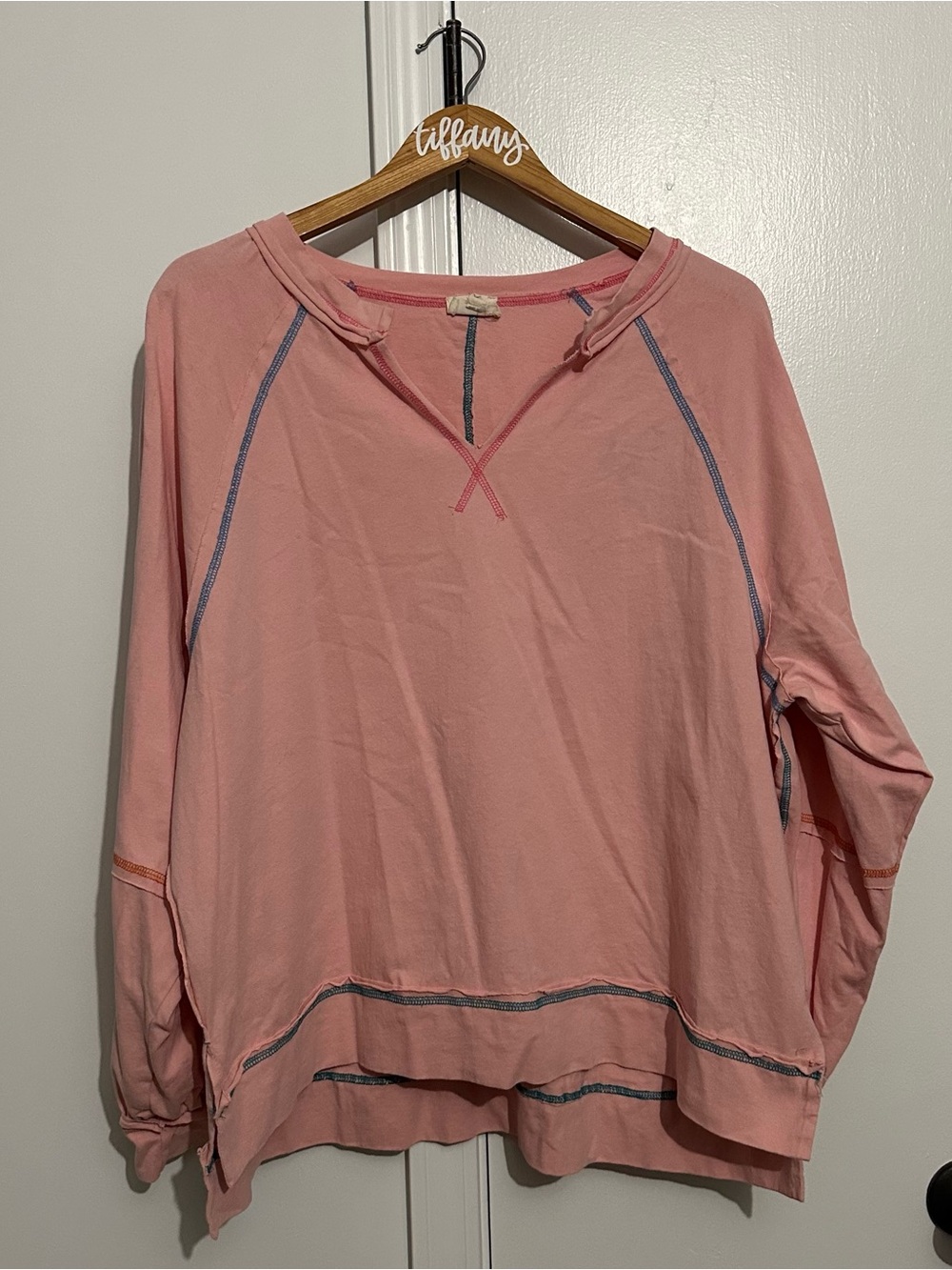 Peach Love California Dusty Rose Contrast-Stitch Pullover